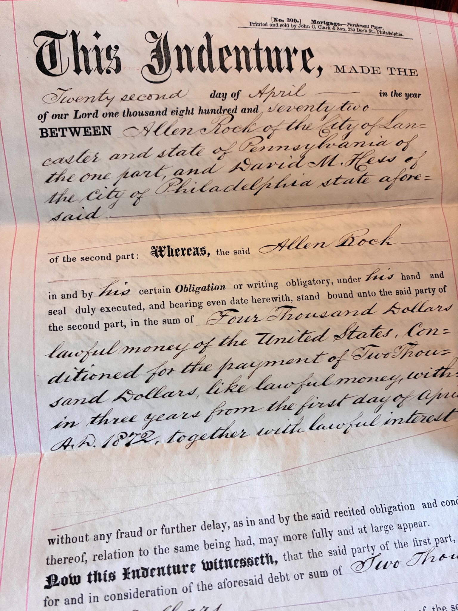 Original 1872 deed document associated with Allen Rock and 305 North Queen Street